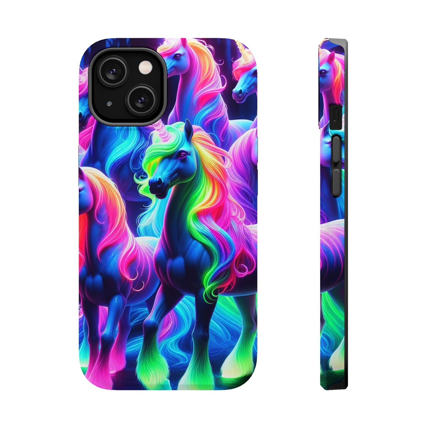 Neon Magic Skies - Unicorn Gang. Neon Unicorns Premium Art Magsafe Magnet Tough IPhone 13 14 15 Pro Plus Max and Mini in Matte and Glossy Phone cases