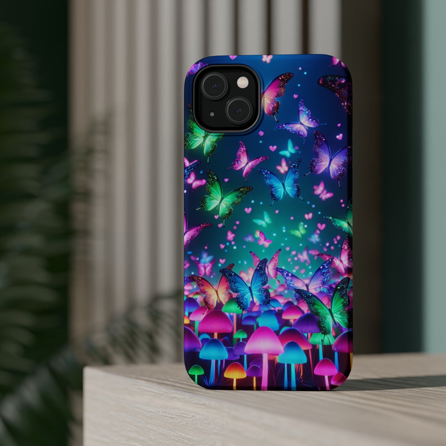 Neon Eden. Neon Butterflies and Mushrooms Premium Art Magsafe Magnet Tough IPhone 13 14 15 Pro Plus Max and Mini in Matte and Glossy Phone cases