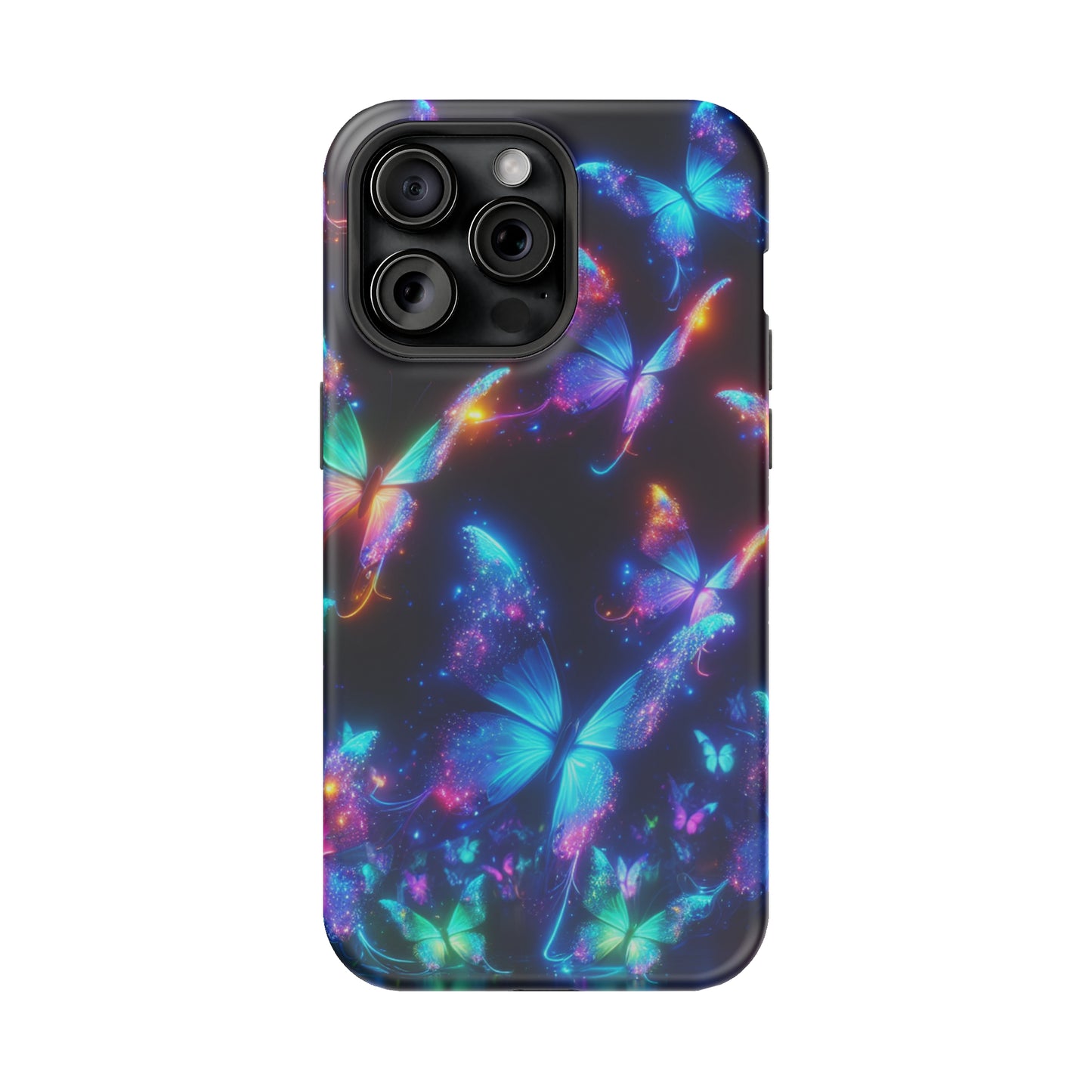 "Electrically Vivid Reverie" Neon Butterflies Premium Art Magsafe Magnet Tough IPhone 13 14 15 Pro Plus Max and Mini in Matte and Glossy Phone cases