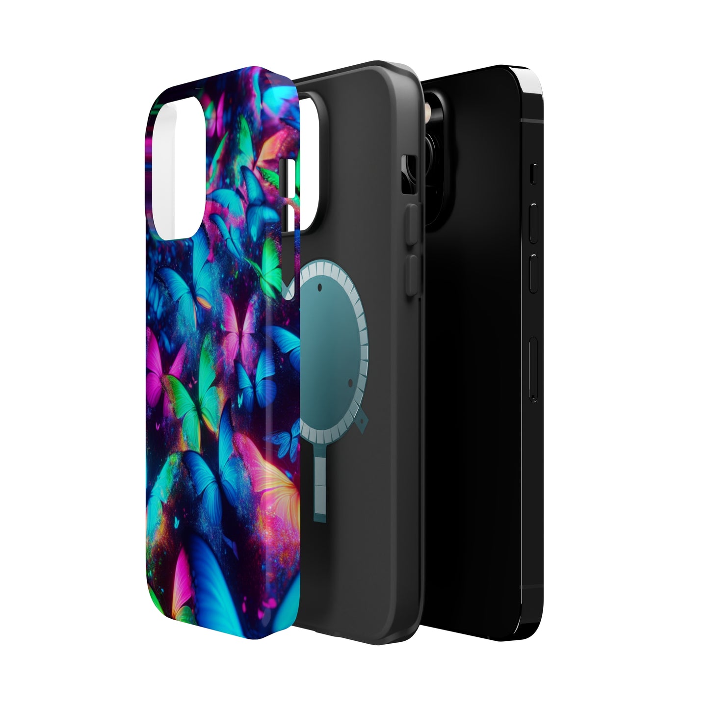 "Neon Flutterglow" Neon Butterflies Premium Art Magsafe Magnet Tough IPhone 13 14 15 Pro Plus Max and Mini in Matte and Glossy Phone cases