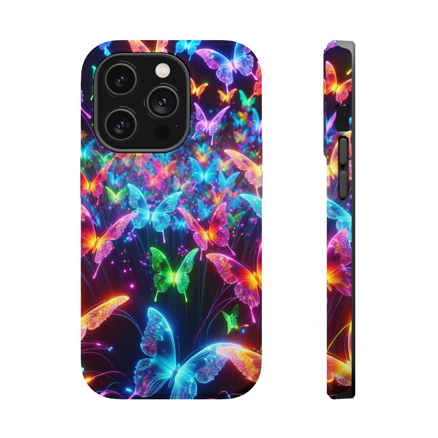 "Neon Flutterburst" Neon Butterflies Premium Art Magsafe Magnet Tough IPhone 13 14 15 Pro Plus Max and Mini in Matte and Glossy Phone cases