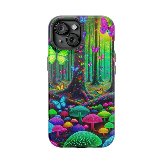 "Neon Garden Symphony". Neon Butterflies and Mushrooms Premium Art Magsafe Magnet Tough IPhone 13 14 15 Pro Plus Max and Mini in Matte and Glossy Phone cases