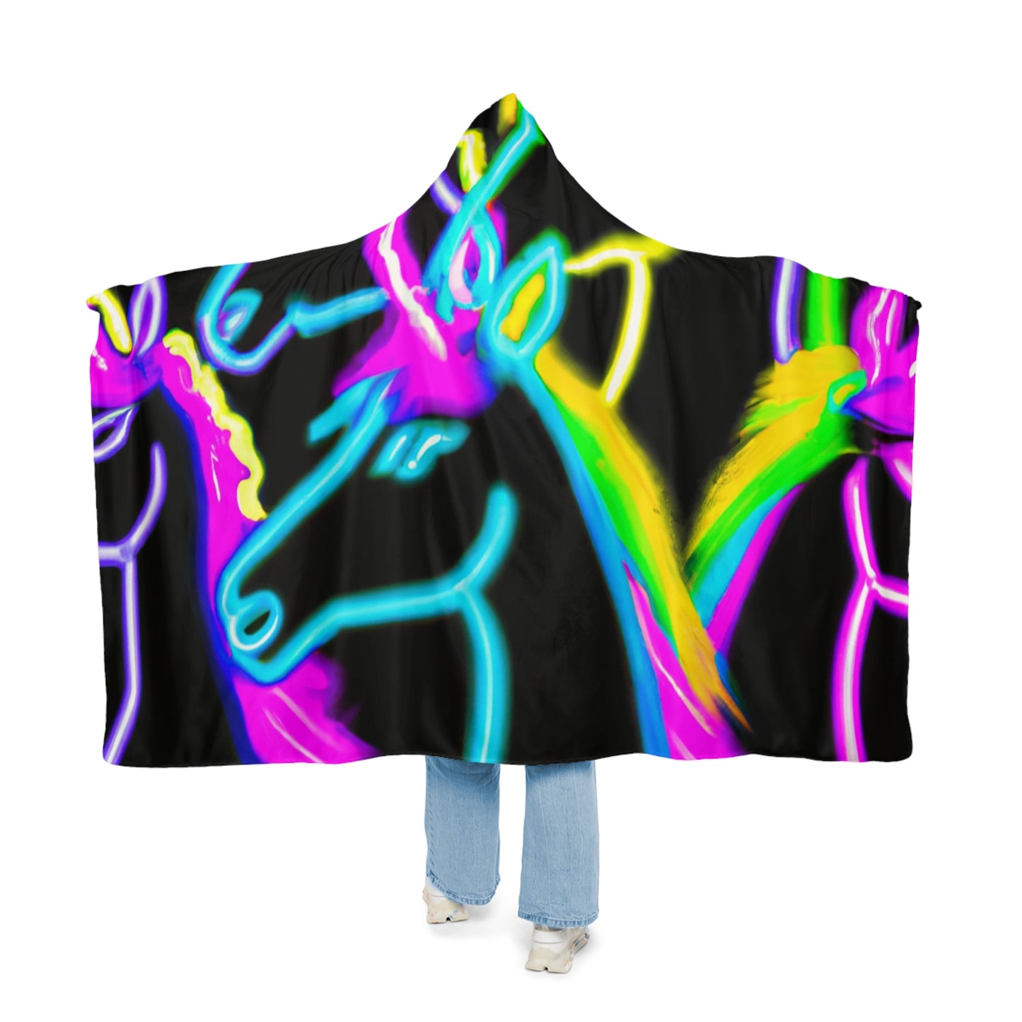 "Vivid Unicorns" - NEON Unicorns Art Hooded Snuggle Blanket