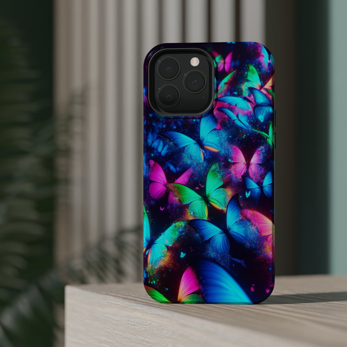 "Neon Flutterglow" Neon Butterflies Premium Art Magsafe Magnet Tough IPhone 13 14 15 Pro Plus Max and Mini in Matte and Glossy Phone cases