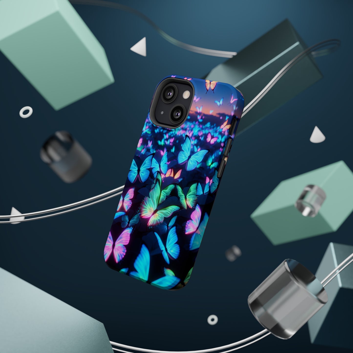 "Fantasia of Neon Butterflies" Neon Butterflies Premium Art Magsafe Magnet Tough IPhone 13 14 15 Pro Plus Max and Mini in Matte and Glossy Phone cases