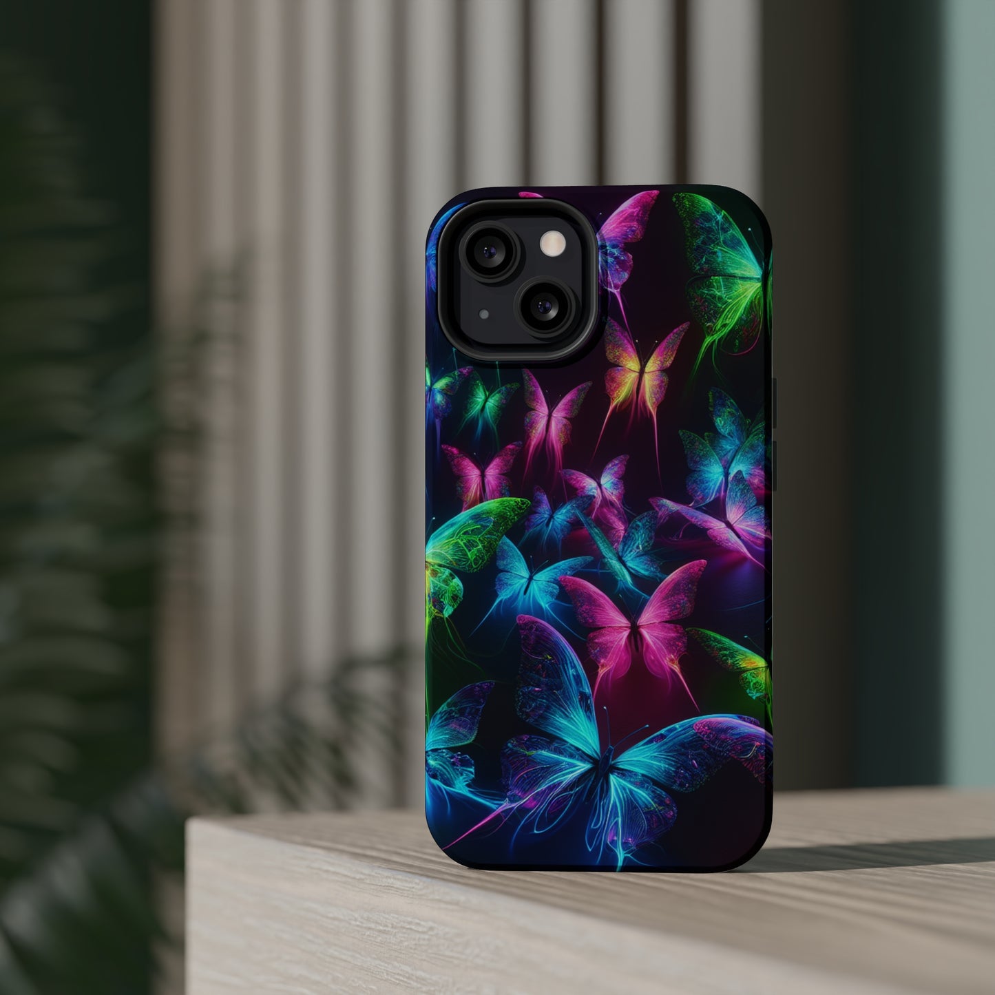'Euphoria in Neon Flight' Neon Butterflies Premium Art Magsafe Magnet Tough IPhone 13 14 15 Pro Plus Max and Mini in Matte and Glossy Phone cases