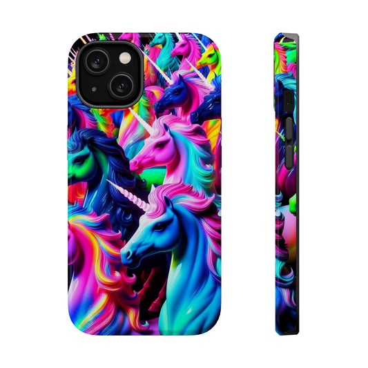 "Neon Illumination" Neon Unicorns Premium Art Magsafe Magnet Tough IPhone 13 14 15 Pro Plus Max and Mini in Matte and Glossy Phone cases