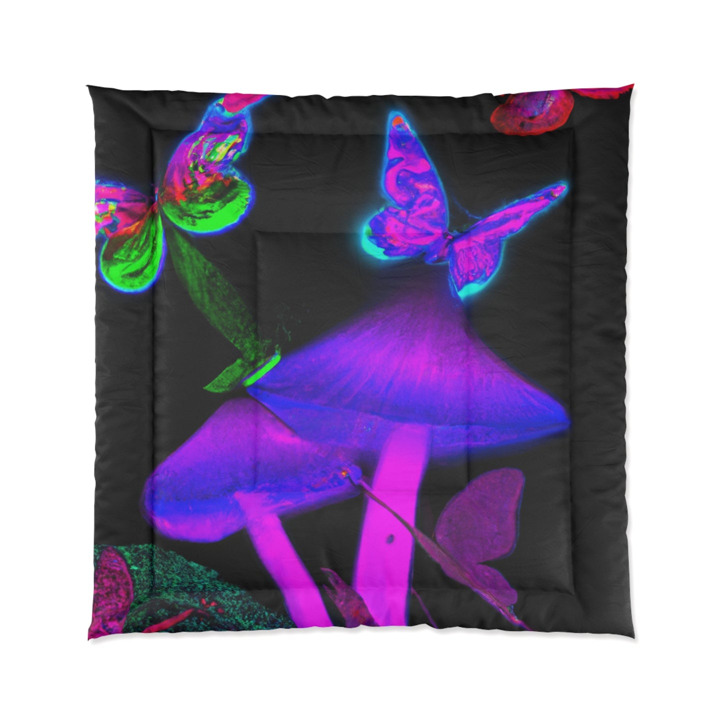 "Neon Funshine Garden". Butterflies & Mushrooms Comforter Blanket