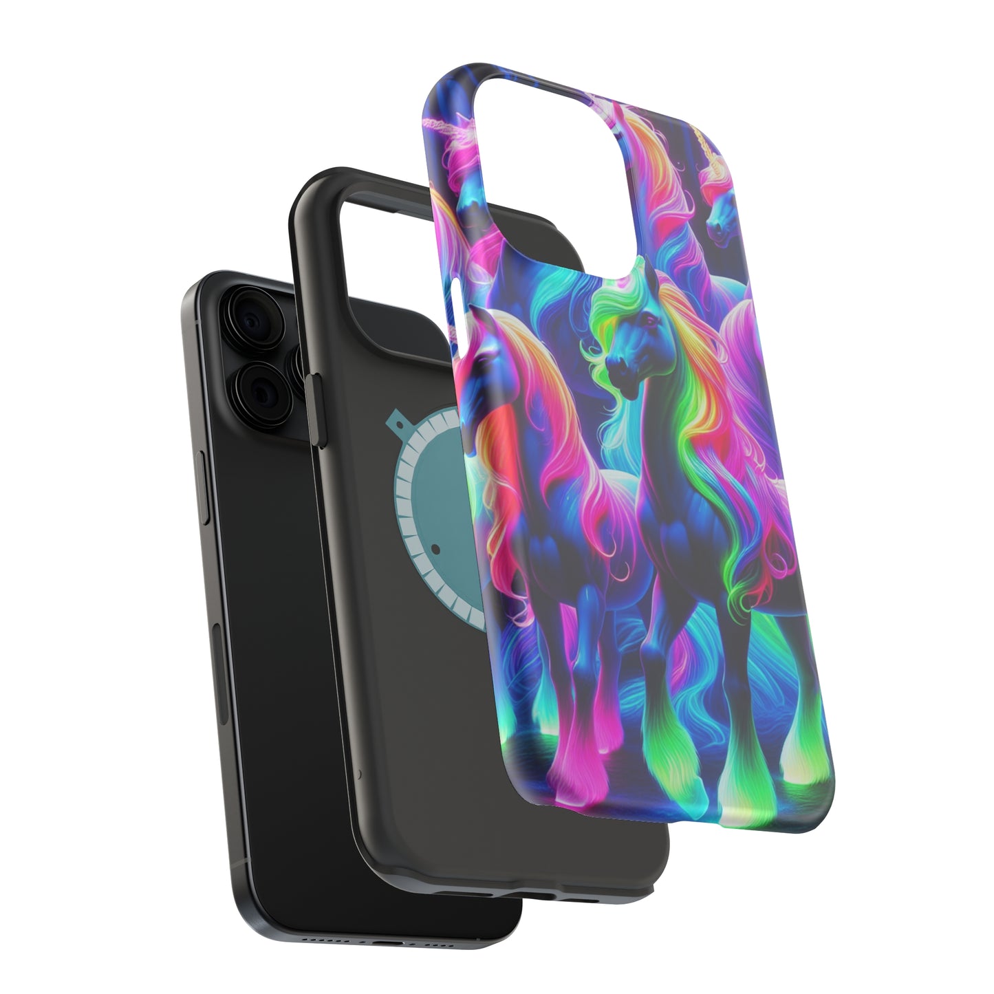 Neon Magic Skies - Unicorn Gang. Neon Unicorns Premium Art Magsafe Magnet Tough IPhone 13 14 15 Pro Plus Max and Mini in Matte and Glossy Phone cases