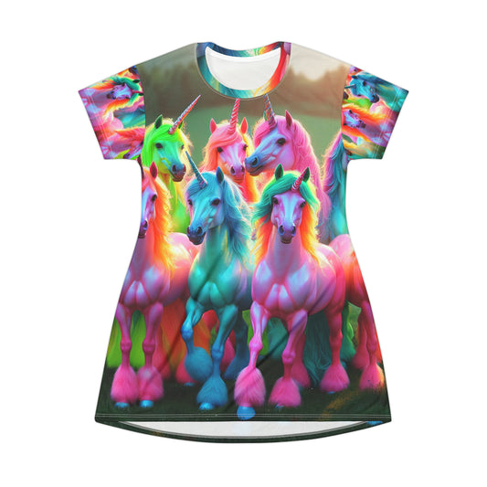 Vibrant Neon Unicorn Carousel Neon Unicorns Womans T Shirt Dress