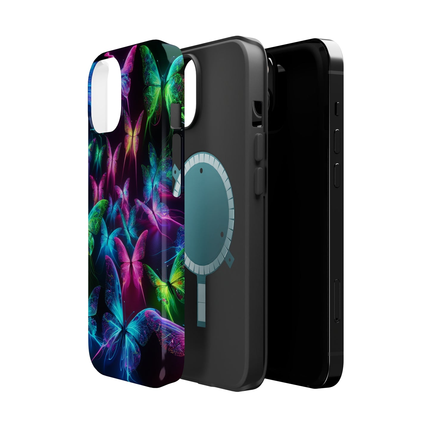 'Euphoria in Neon Flight' Neon Butterflies Premium Art Magsafe Magnet Tough IPhone 13 14 15 Pro Plus Max and Mini in Matte and Glossy Phone cases