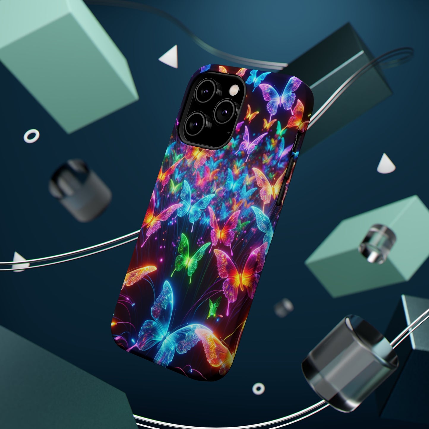 "Neon Flutterburst" Neon Butterflies Premium Art Magsafe Magnet Tough IPhone 13 14 15 Pro Plus Max and Mini in Matte and Glossy Phone cases