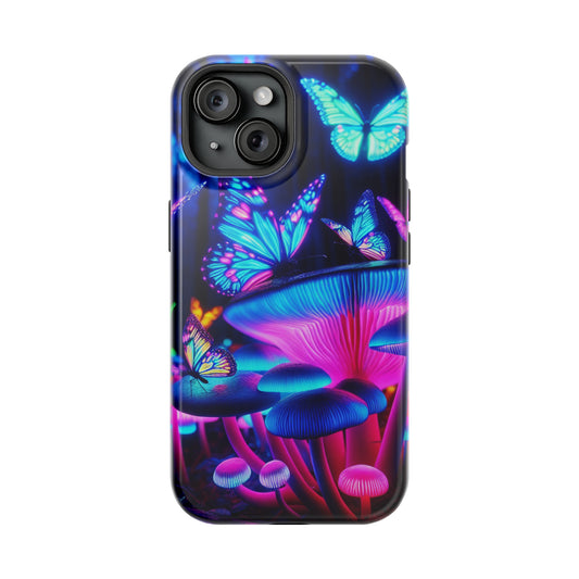 Neon Fantasy Garden Neon Butterflies and Mushrooms Premium Art Magsafe Magnet Tough IPhone 13 14 15 Pro Plus Max and Mini in Matte and Glossy Phone cases