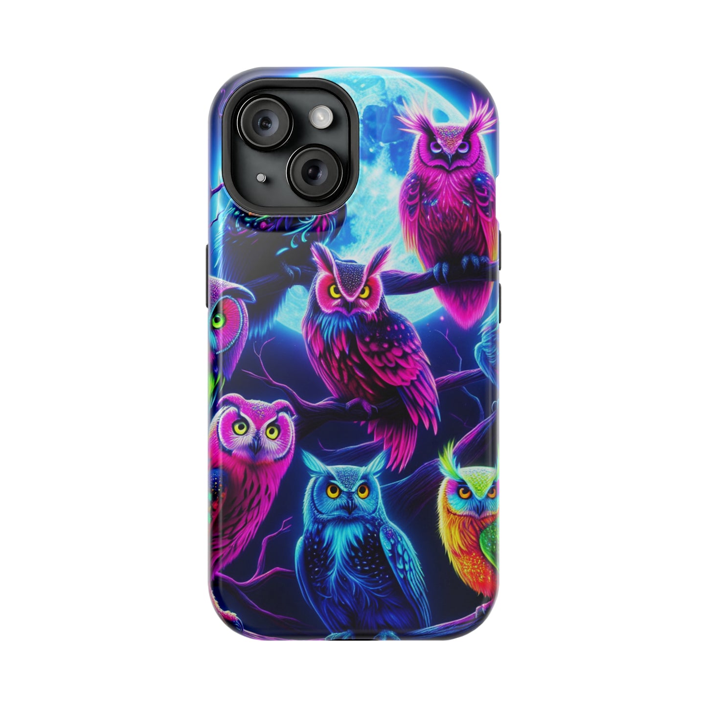 "Neon Splash of Owls" Neon Owls Premium Art Magsafe Magnet Tough IPhone 13 14 15 Pro Plus Max and Mini in Matte and Glossy Phone cases