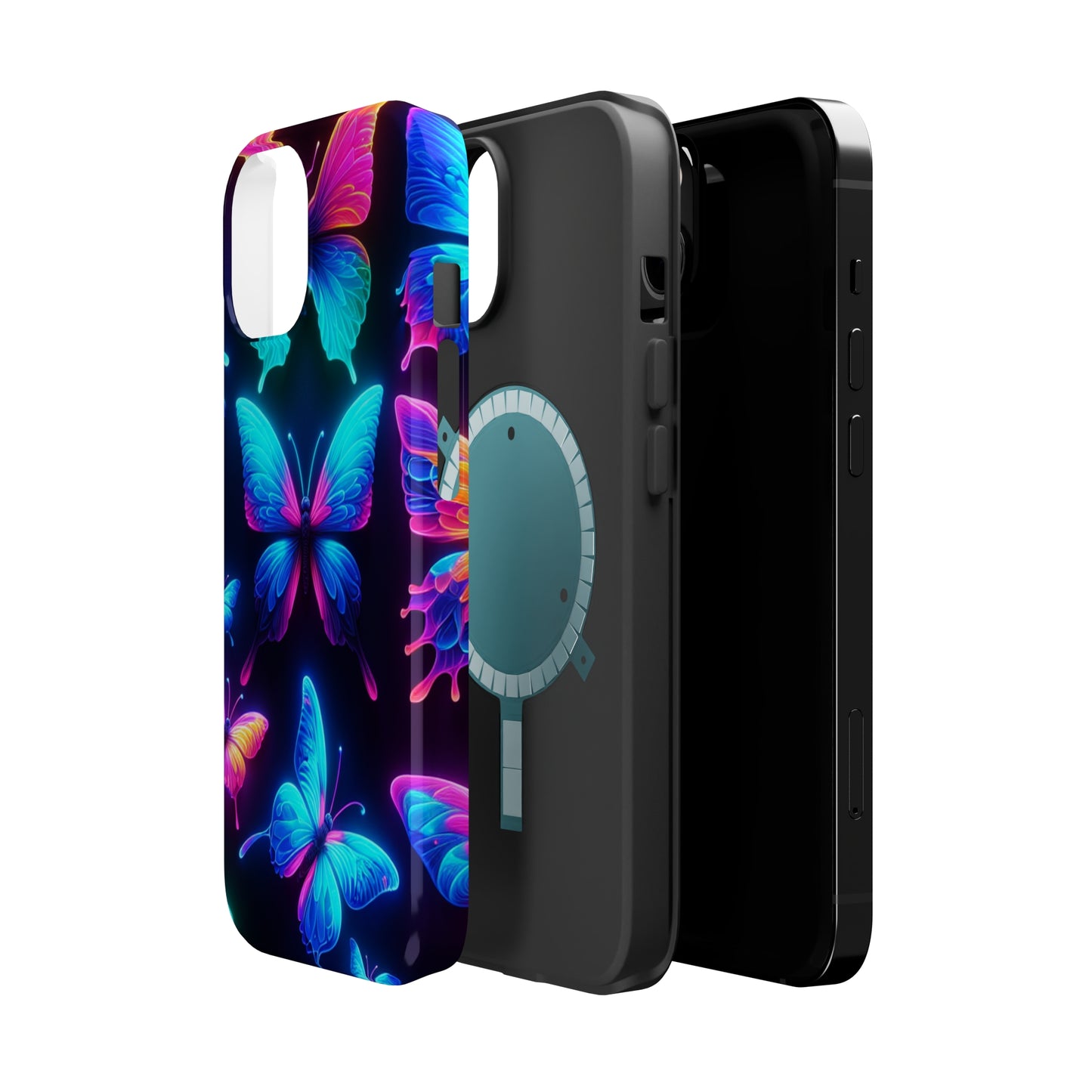 "Neon Flight Frenzy" Neon Butterflies Premium Art Magsafe Magnet Tough IPhone 13 14 15 Pro Plus Max and Mini in Matte and Glossy Phone cases