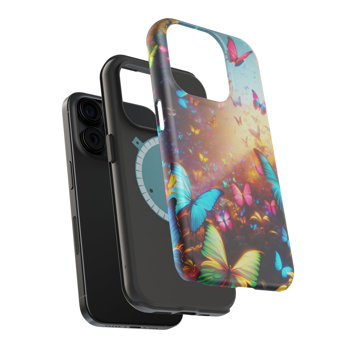 "Neon Butterfly Blooms" Neon Butterflies Premium Art Magsafe Magnet Tough IPhone 13 14 15 Pro Plus Max and Mini in Matte and Glossy Phone cases