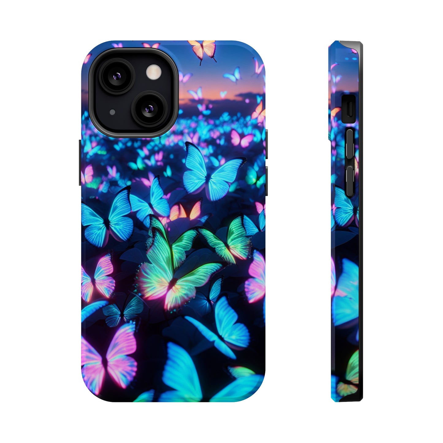 "Fantasia of Neon Butterflies" Neon Butterflies Premium Art Magsafe Magnet Tough IPhone 13 14 15 Pro Plus Max and Mini in Matte and Glossy Phone cases