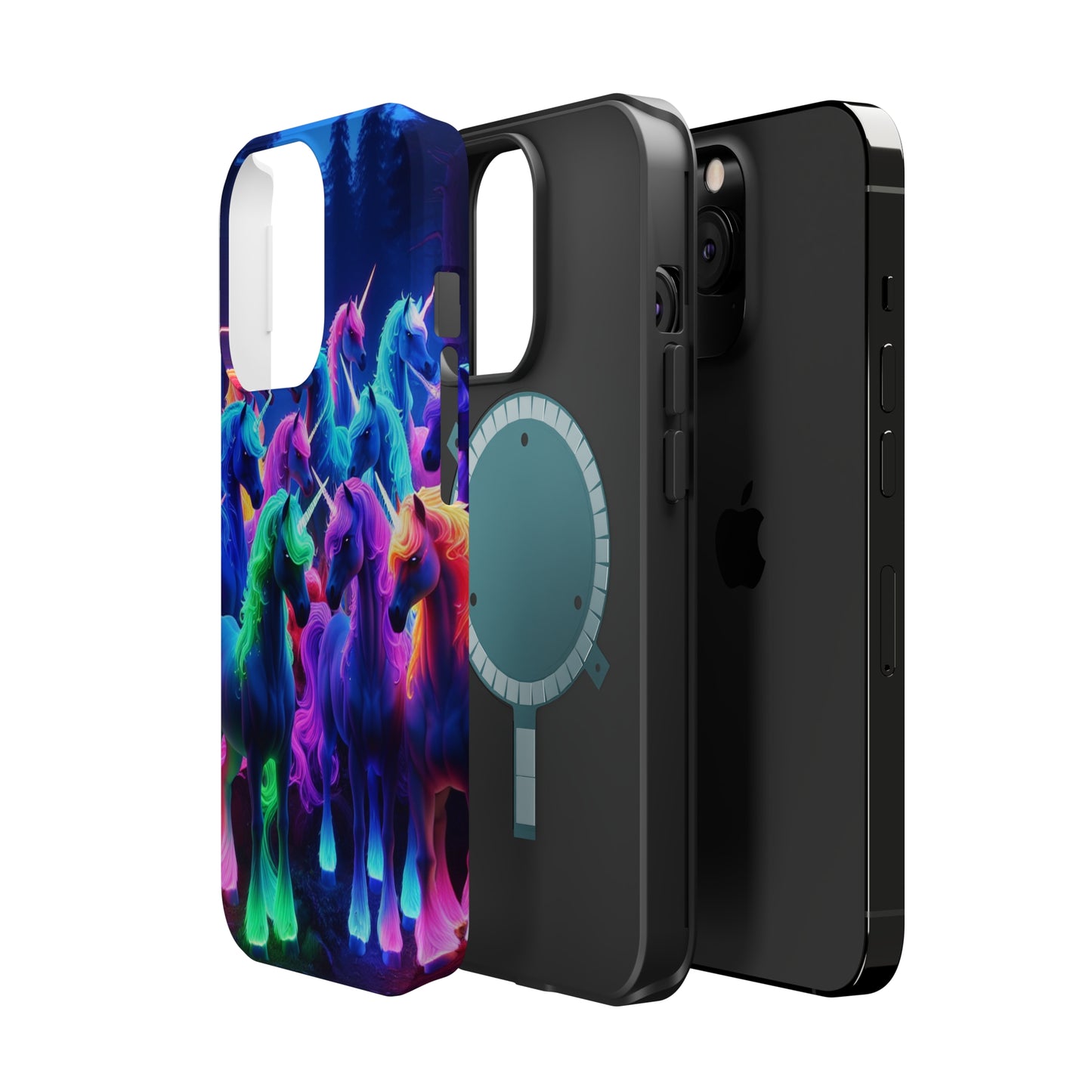 "Neon Fantasyland" Neon Unicorns Premium Art Magsafe Magnet Tough IPhone 13 14 15 Pro Plus Max and Mini in Matte and Glossy Phone cases