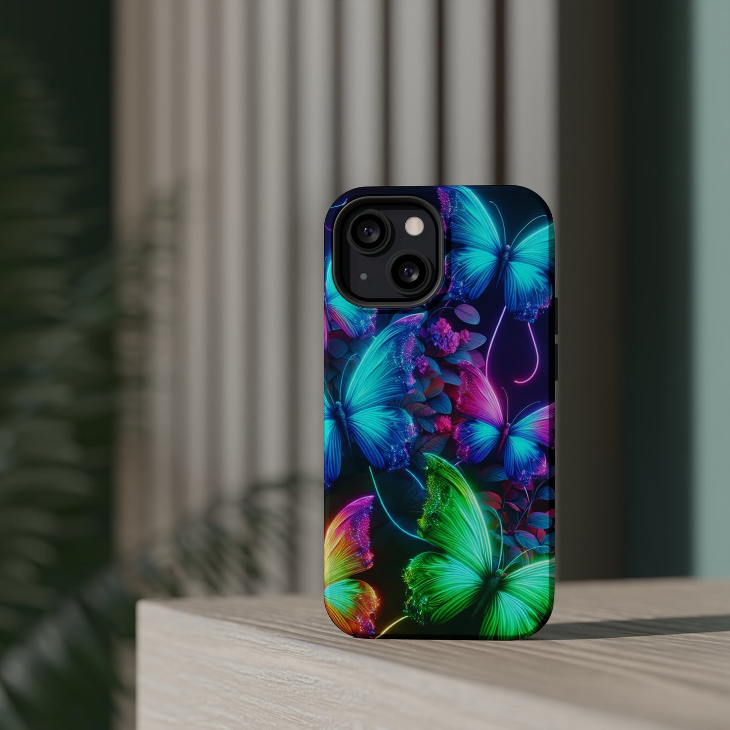 Neon Flutter Symphony Neon Butterflies Premium Art Magsafe Magnet Tough IPhone 13 14 15 Pro Plus Max and Mini in Matte and Glossy Phone cases