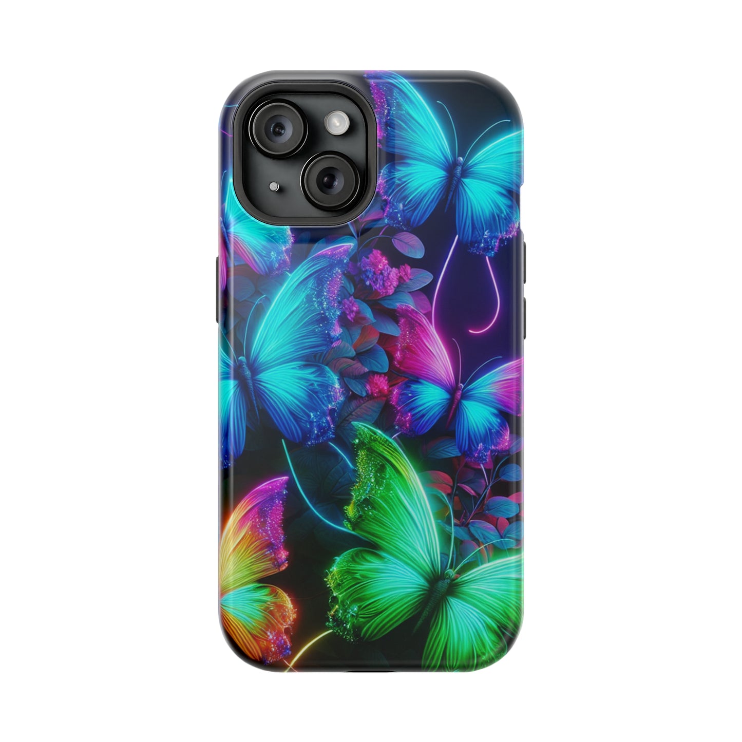 Neon Flutter Symphony Neon Butterflies Premium Art Magsafe Magnet Tough IPhone 13 14 15 Pro Plus Max and Mini in Matte and Glossy Phone cases