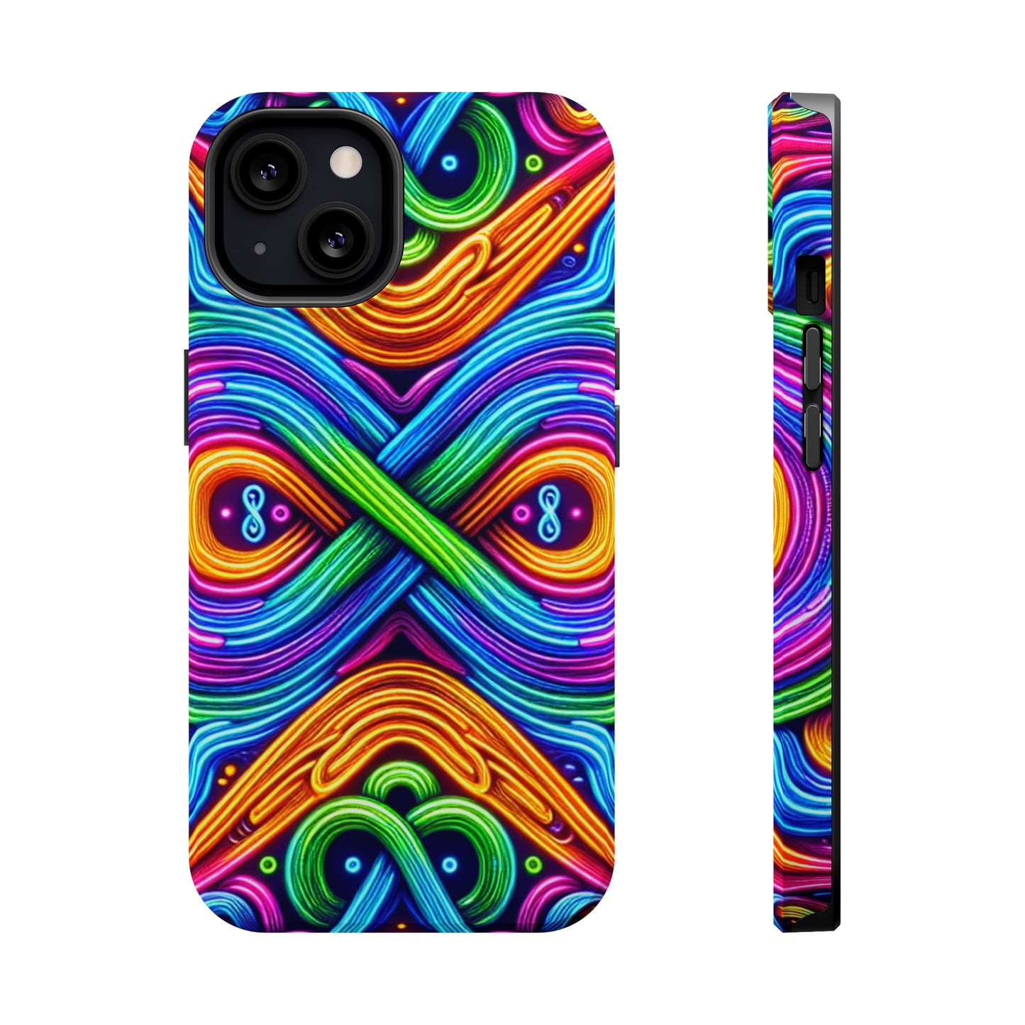 Cosmic Neon Infinity Spectacular. Neon Trippy Infinity Patterns Premium Art Magsafe Magnet Tough IPhone 13 14 15 Pro Plus Max and Mini in Matte and Glossy Phone cases