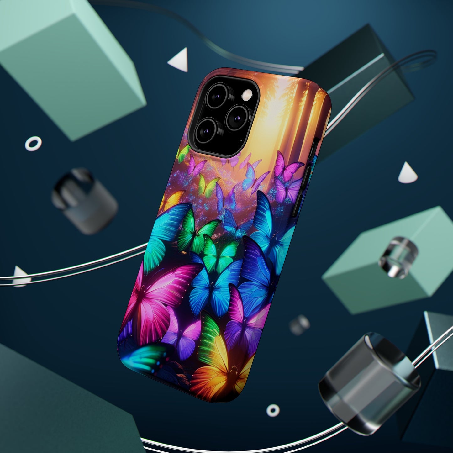 "Radiant Glowing Flight" Neon Butterflies Premium Art Magsafe Magnet Tough IPhone 13 14 15 Pro Plus Max and Mini in Matte and Glossy Phone cases