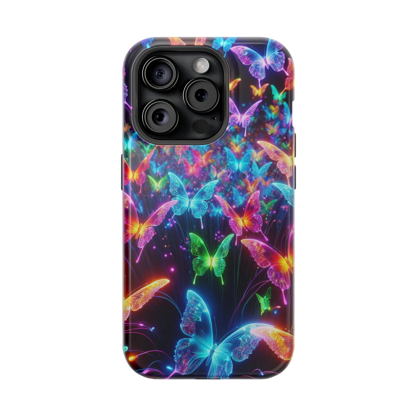 "Neon Flutterburst" Neon Butterflies Premium Art Magsafe Magnet Tough IPhone 13 14 15 Pro Plus Max and Mini in Matte and Glossy Phone cases