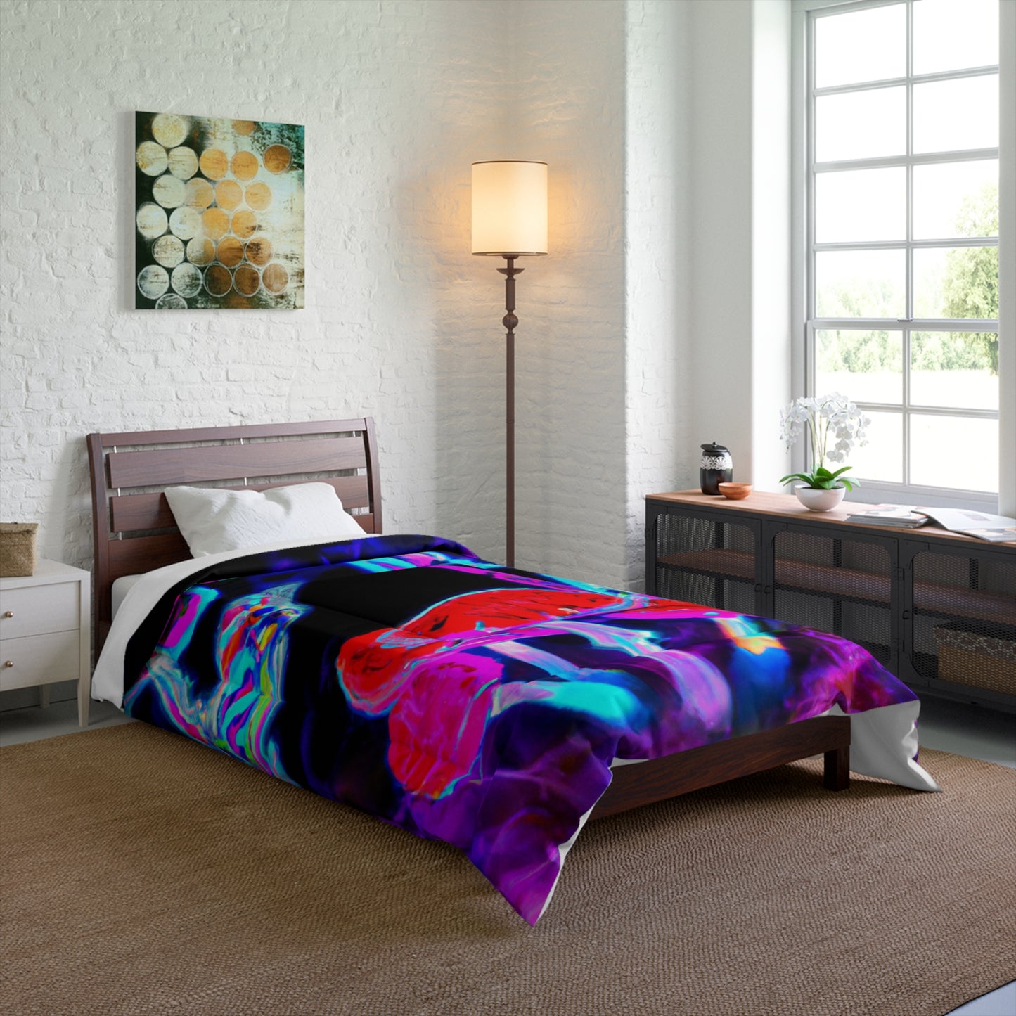 Vivid Neon Dreamscape. Butterflies & Mushrooms Comforter Blanket