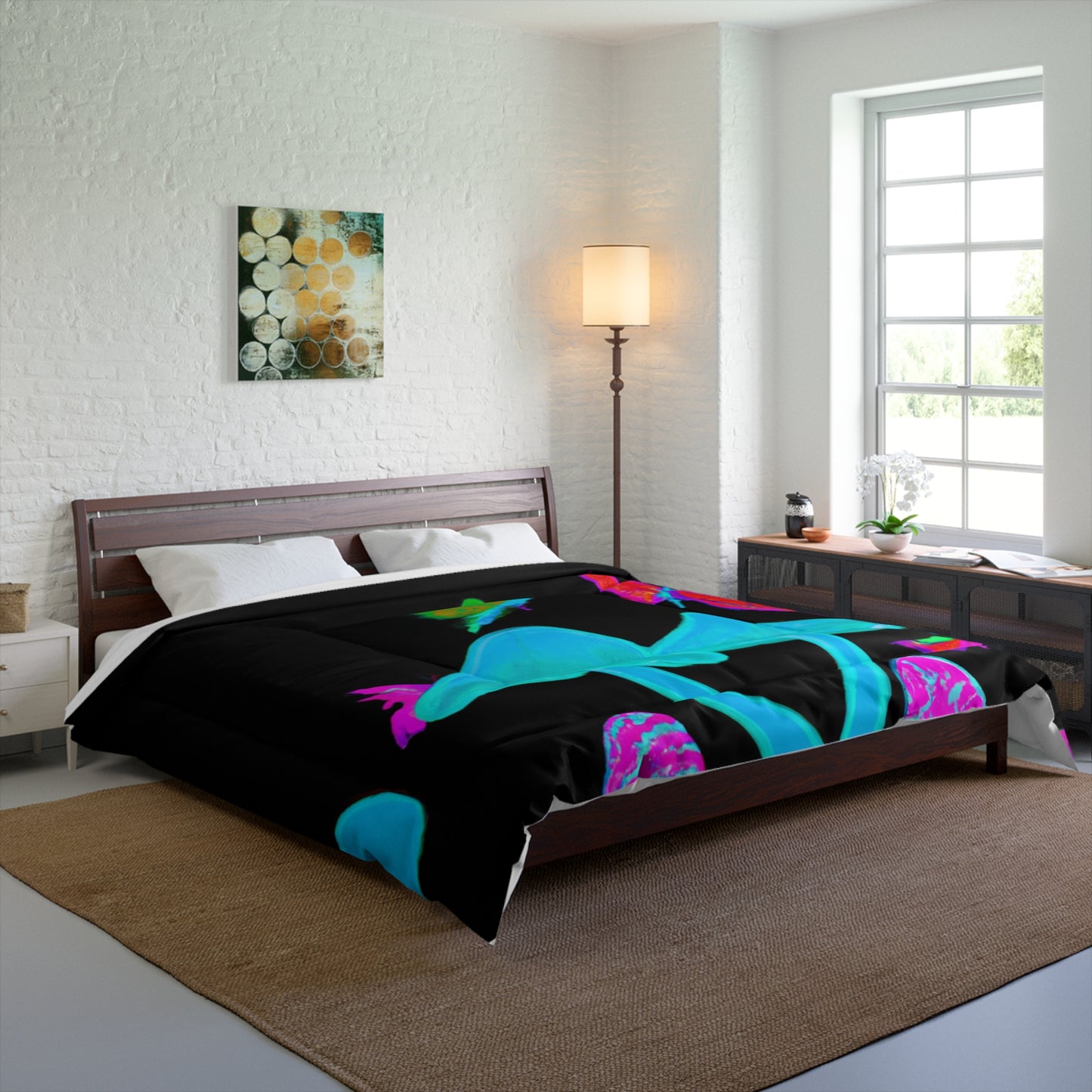 "Fantasia of Flourescence" Butterflies & Mushrooms Comforter Blanket