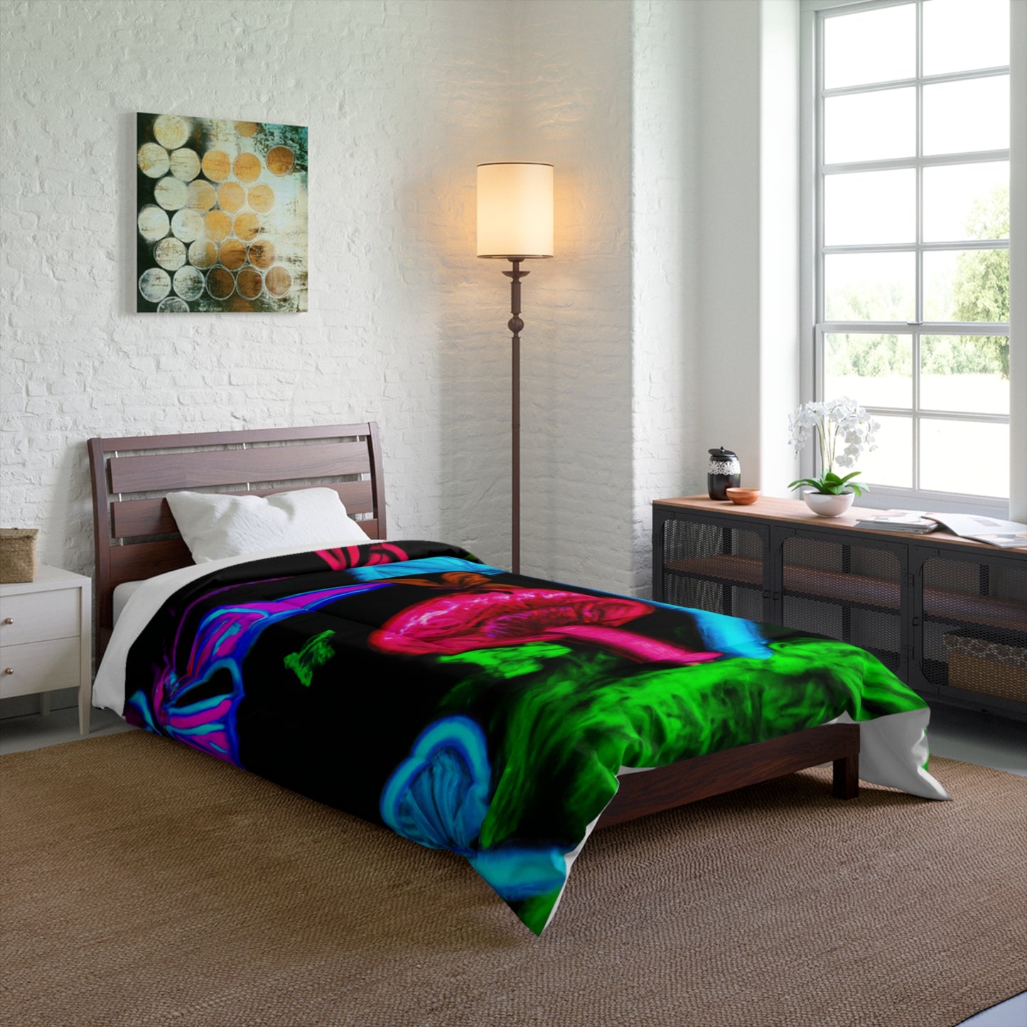 "Vibrant Nectar Dreamscape" Butterflies & Mushrooms Comforter Blanket
