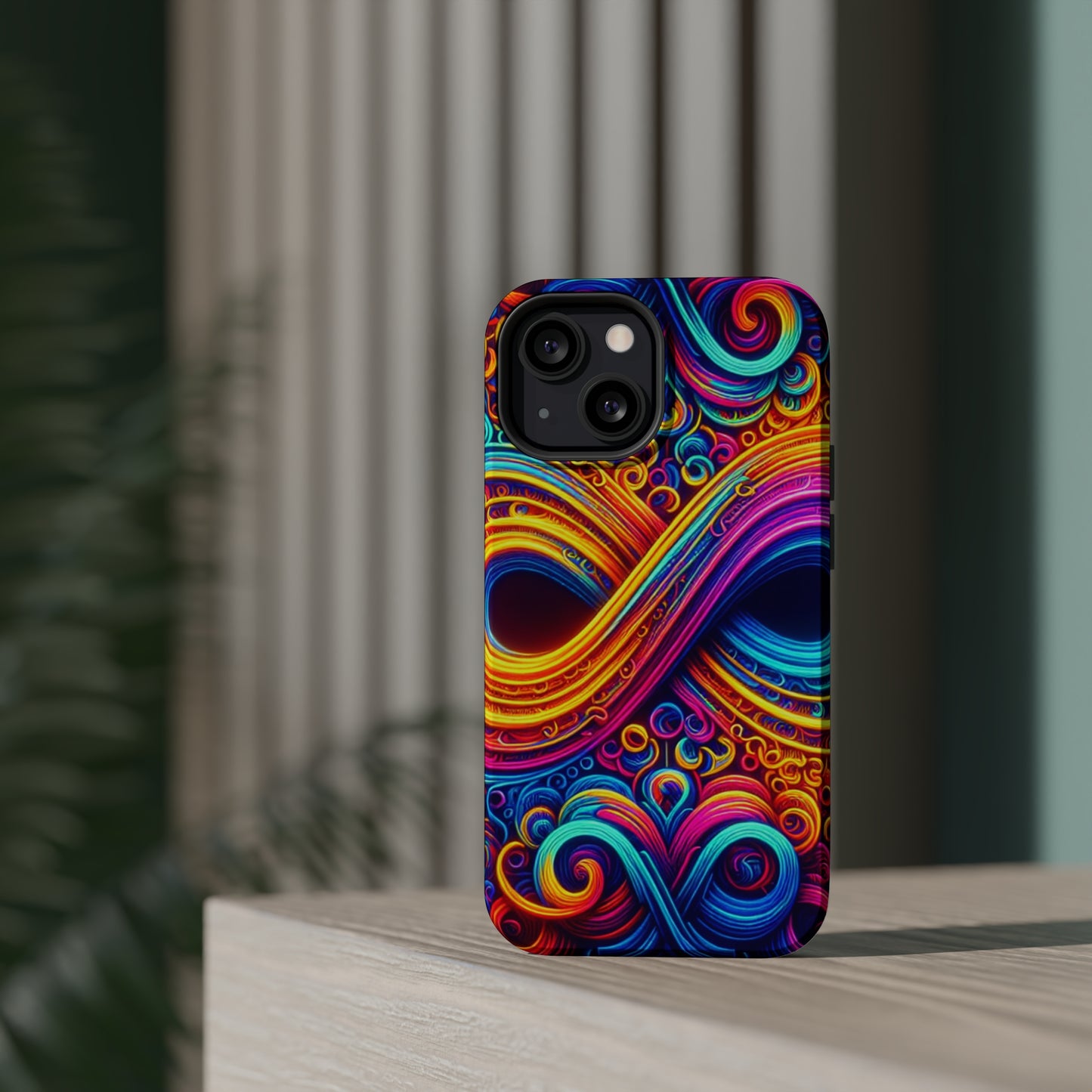 ElectroFractal Fluorescence. Neon Trippy Infinity Patterns Premium Art Magsafe Magnet Tough IPhone 13 14 15 Pro Plus Max and Mini in Matte and Glossy Phone cases