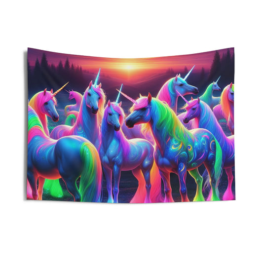 "Neon Enchanted Unicorn Rainbow" NEON Unicorns Art Tapestry