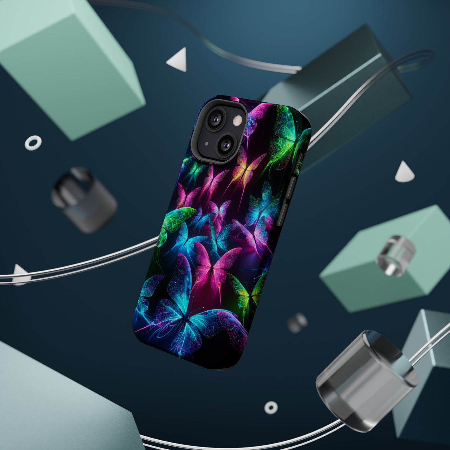 'Euphoria in Neon Flight' Neon Butterflies Premium Art Magsafe Magnet Tough IPhone 13 14 15 Pro Plus Max and Mini in Matte and Glossy Phone cases