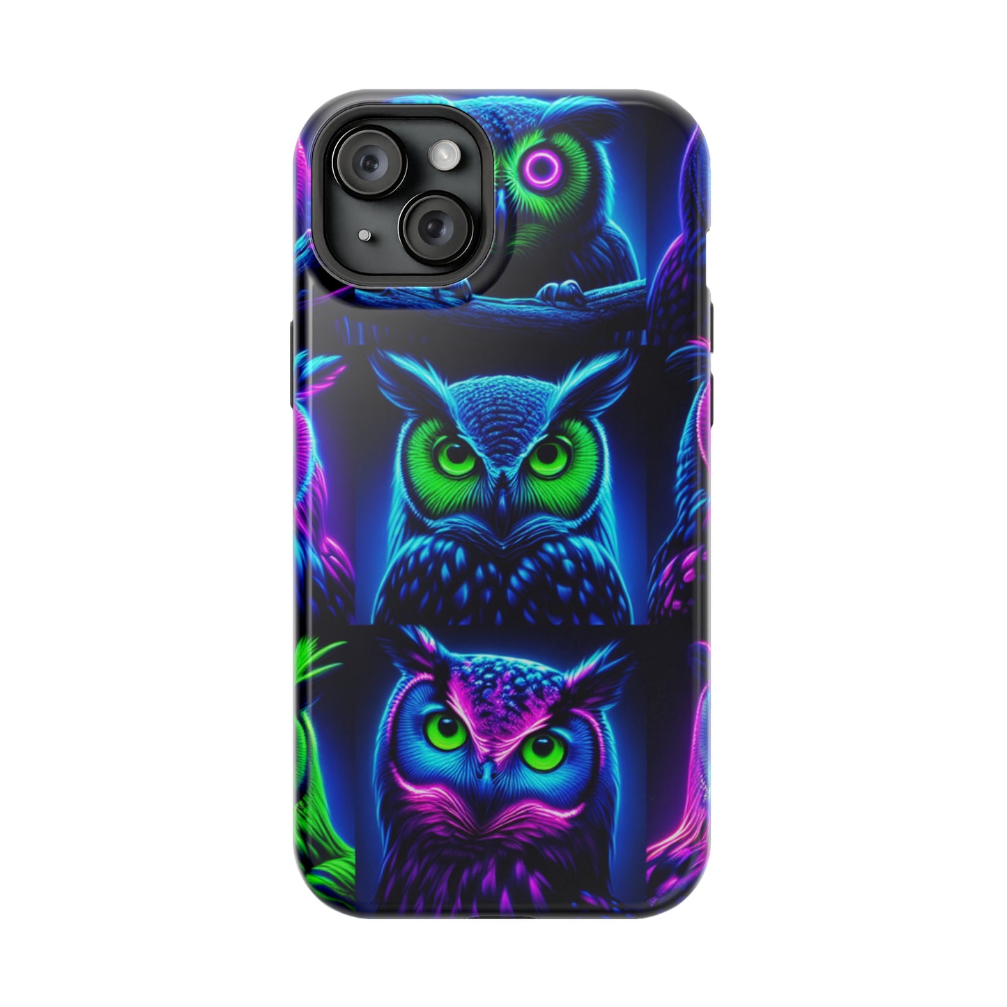 "Neon Nocturne" Neon Owls Premium Art Magsafe Magnet Tough IPhone 13 14 15 Pro Plus Max and Mini in Matte and Glossy Phone cases