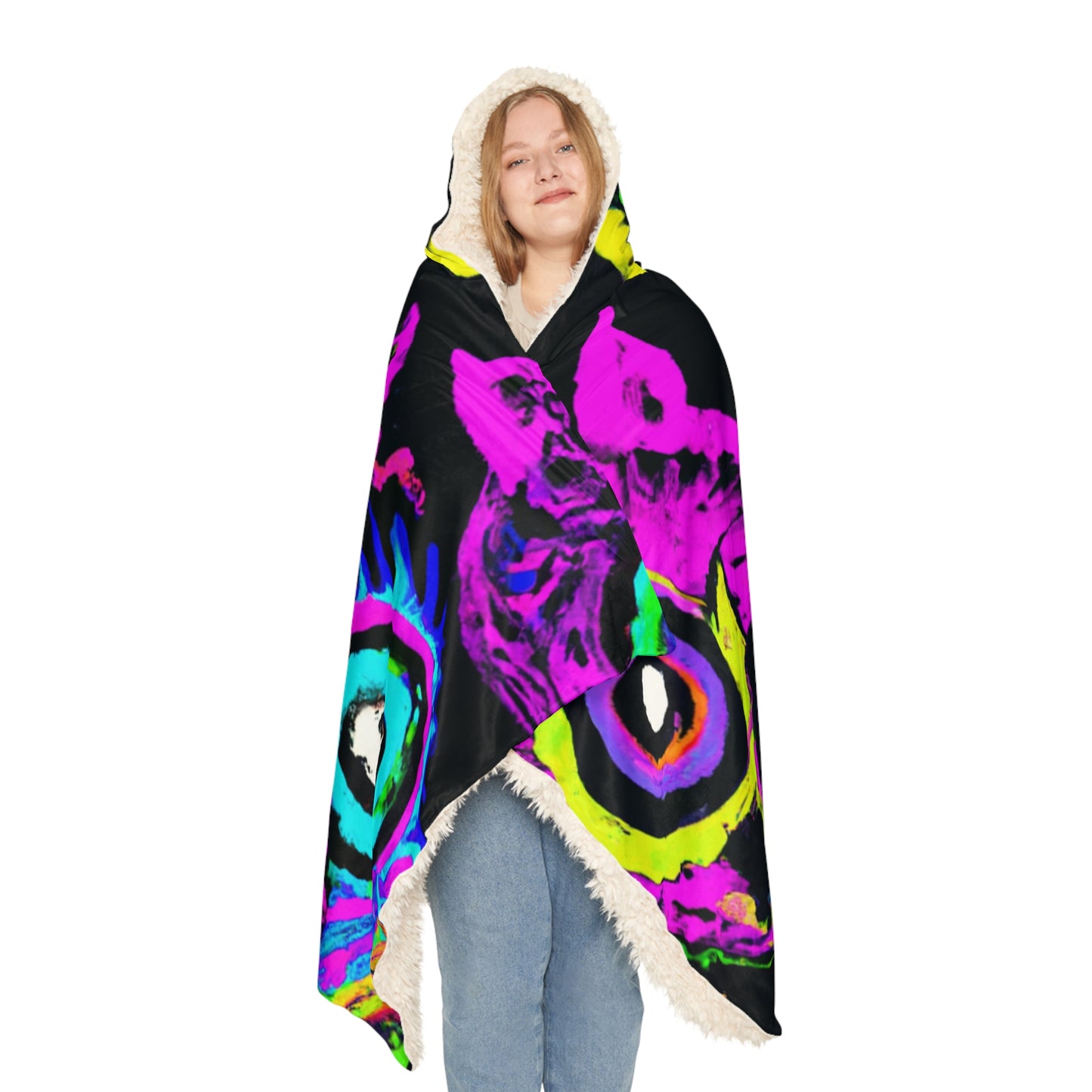 "Neon Night Owls" - NEON Owls Art Hooded Snuggle Blanket