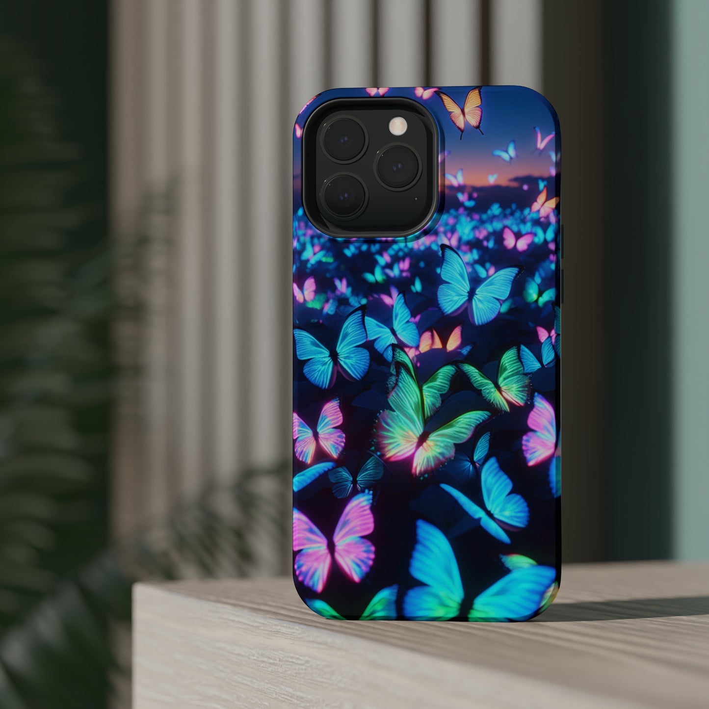 "Fantasia of Neon Butterflies" Neon Butterflies Premium Art Magsafe Magnet Tough IPhone 13 14 15 Pro Plus Max and Mini in Matte and Glossy Phone cases