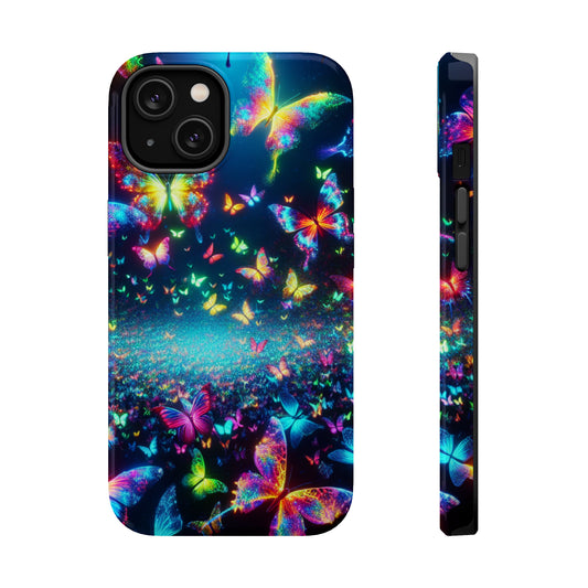 'Neon Butterfly Bliss' Neon Butterflies Premium Art Magsafe Magnet Tough IPhone 13 14 15 Pro Plus Max and Mini in Matte and Glossy Phone cases