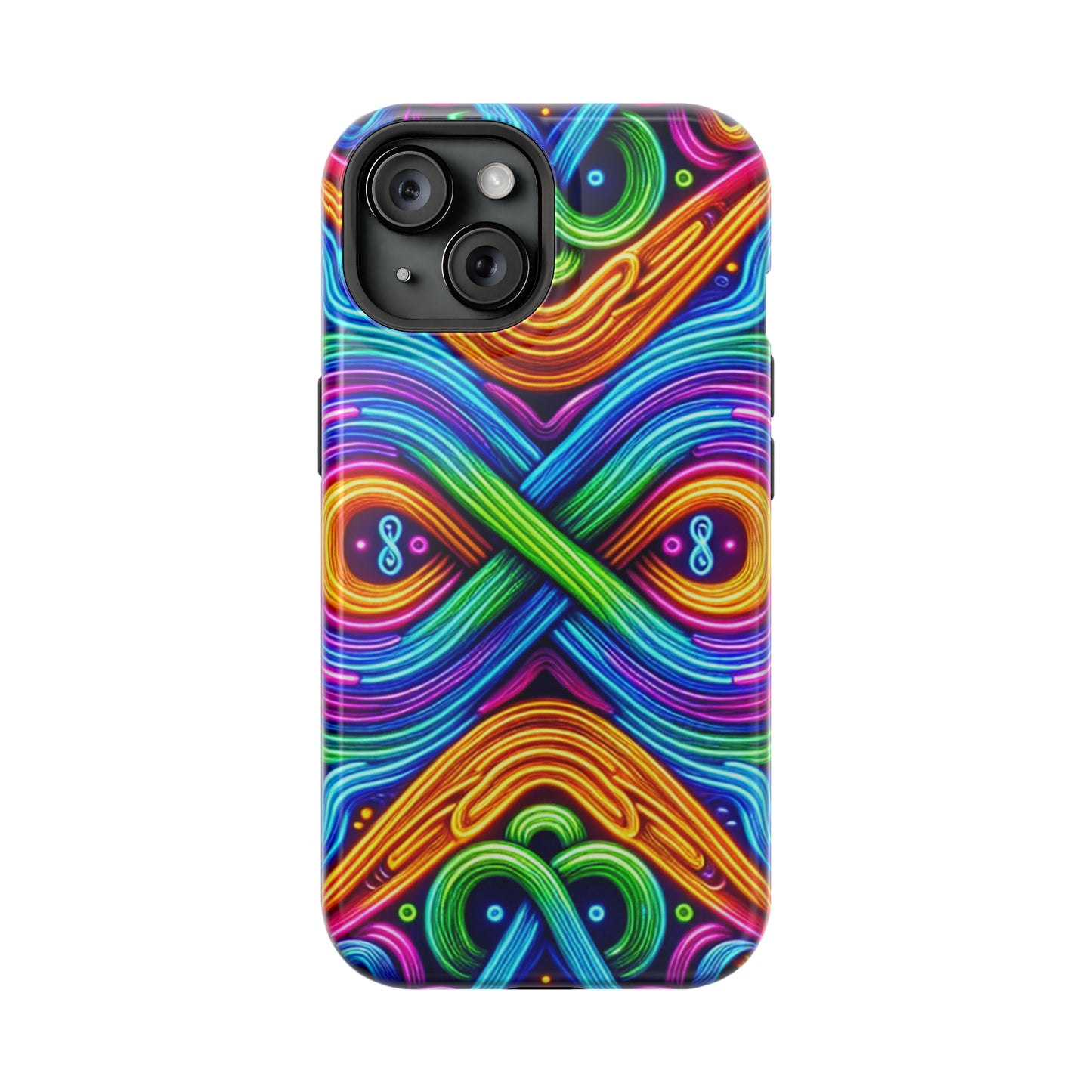 Cosmic Neon Infinity Spectacular. Neon Trippy Infinity Patterns Premium Art Magsafe Magnet Tough IPhone 13 14 15 Pro Plus Max and Mini in Matte and Glossy Phone cases