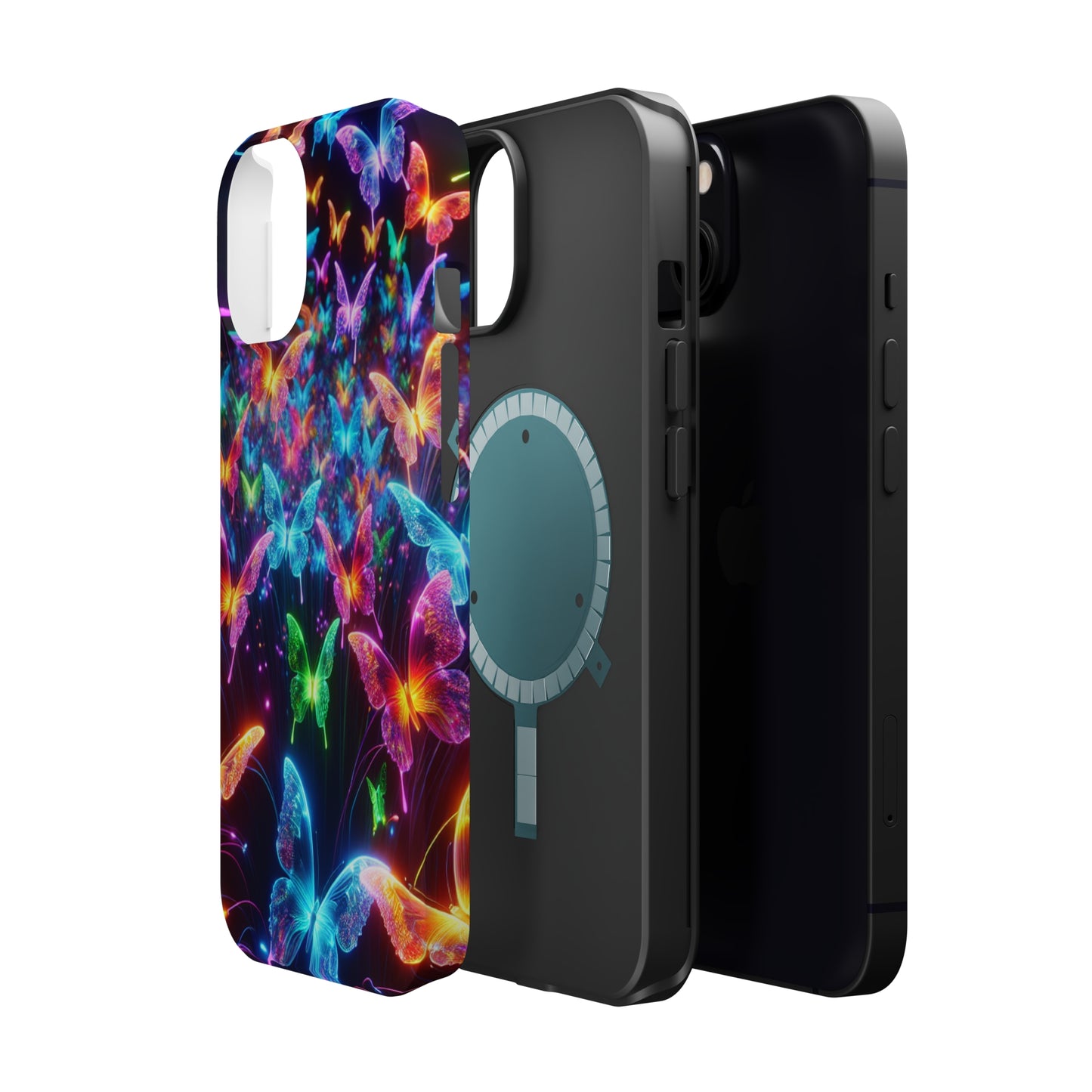"Neon Flutterburst" Neon Butterflies Premium Art Magsafe Magnet Tough IPhone 13 14 15 Pro Plus Max and Mini in Matte and Glossy Phone cases