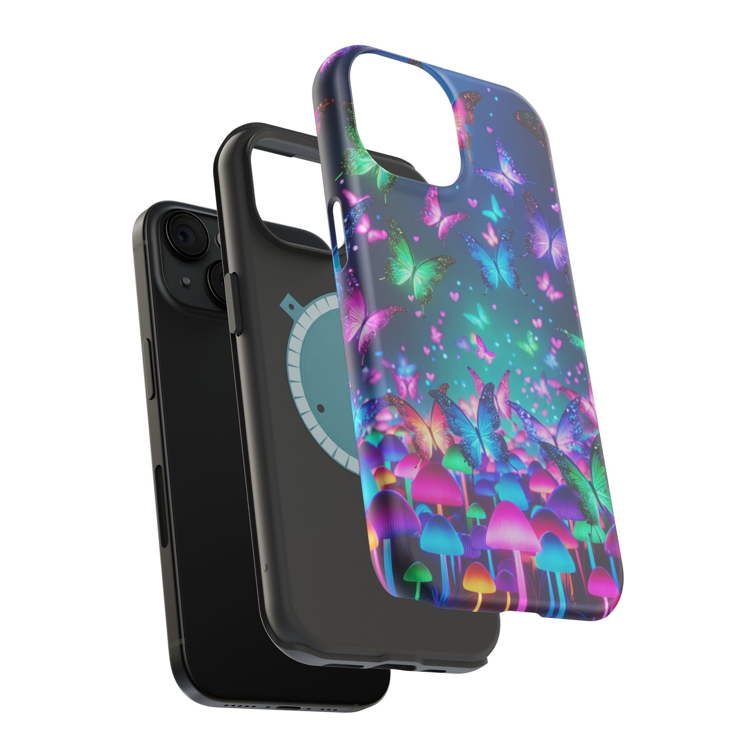 Neon Eden. Neon Butterflies and Mushrooms Premium Art Magsafe Magnet Tough IPhone 13 14 15 Pro Plus Max and Mini in Matte and Glossy Phone cases