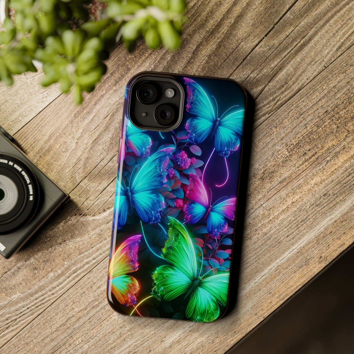 Neon Flutter Symphony Neon Butterflies Premium Art Magsafe Magnet Tough IPhone 13 14 15 Pro Plus Max and Mini in Matte and Glossy Phone cases