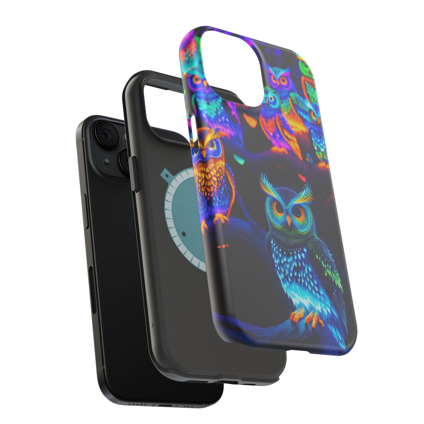 Glowing Neon Clan. Neon Owls Premium Art Magsafe Magnet Tough IPhone 13 14 15 Pro Plus Max and Mini in Matte and Glossy Phone cases