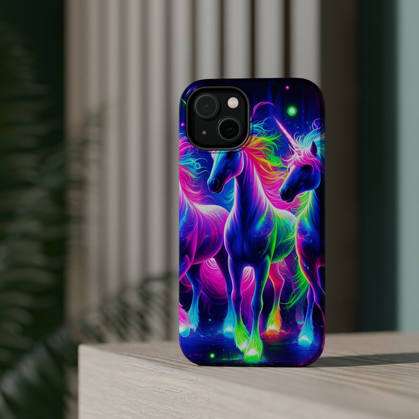 "Uni-Neon Fantasy" Neon Unicorns Premium Art Magsafe Magnet Tough IPhone 13 14 15 Pro Plus Max and Mini in Matte and Glossy Phone cases