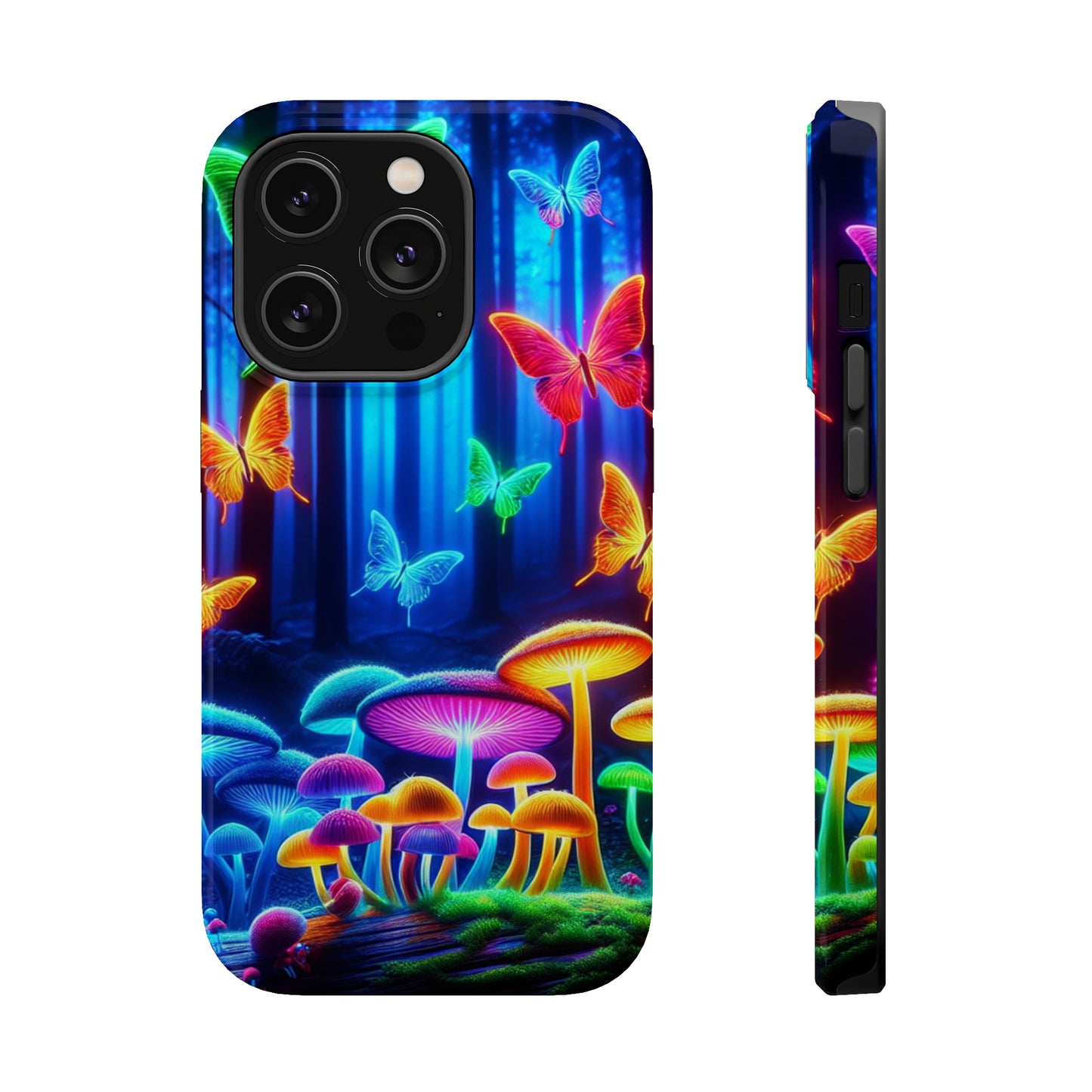 "Neon Garden Delight" Neon Butterflies and Mushrooms Premium Art Magsafe Magnet Tough IPhone 13 14 15 Pro Plus Max and Mini in Matte and Glossy Phone cases