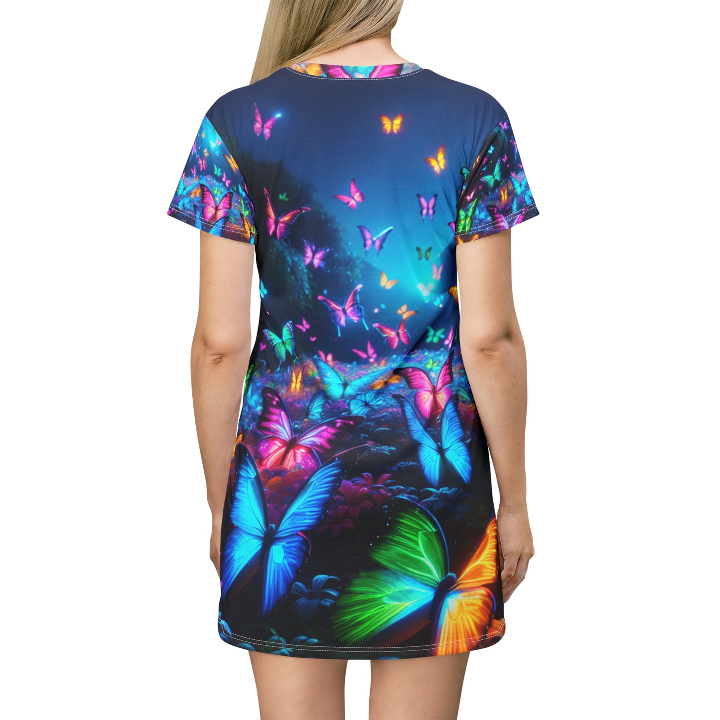 "Neon Butterflies in Bloom" Neon Butterflies Womans T Shirt Dress