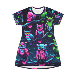 "Electric Neon Owls" Neon Owls Womans T Shirt Dress
