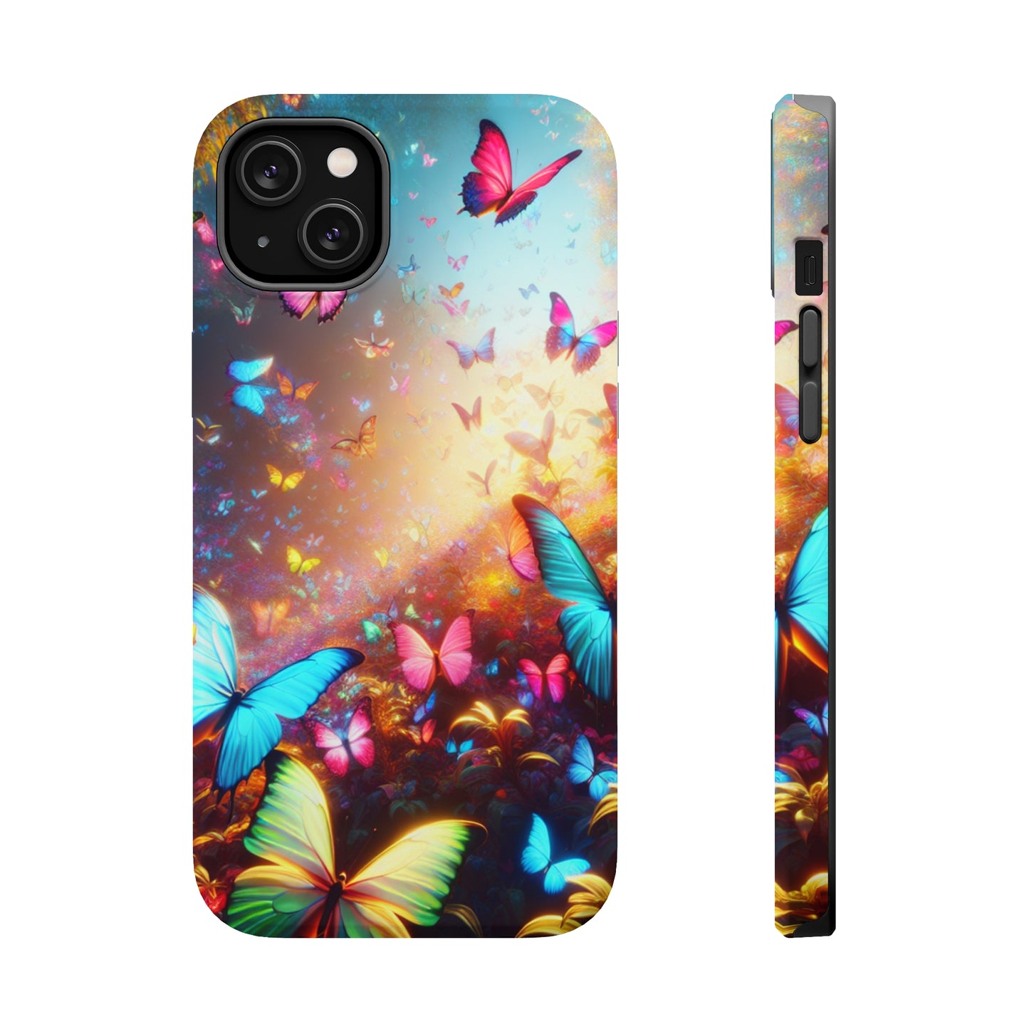 "Neon Butterfly Blooms" Neon Butterflies Premium Art Magsafe Magnet Tough IPhone 13 14 15 Pro Plus Max and Mini in Matte and Glossy Phone cases