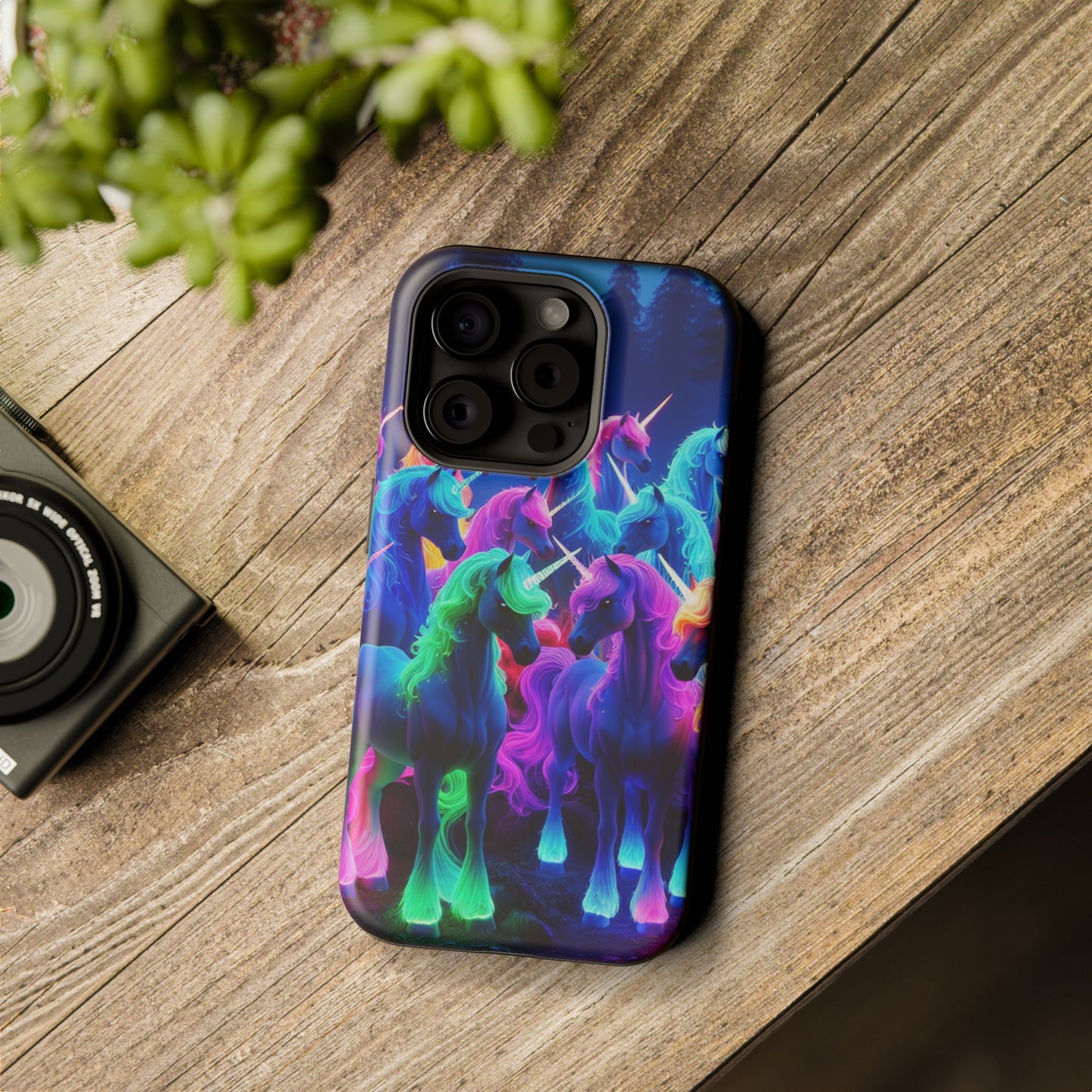 "Neon Fantasyland" Neon Unicorns Premium Art Magsafe Magnet Tough IPhone 13 14 15 Pro Plus Max and Mini in Matte and Glossy Phone cases