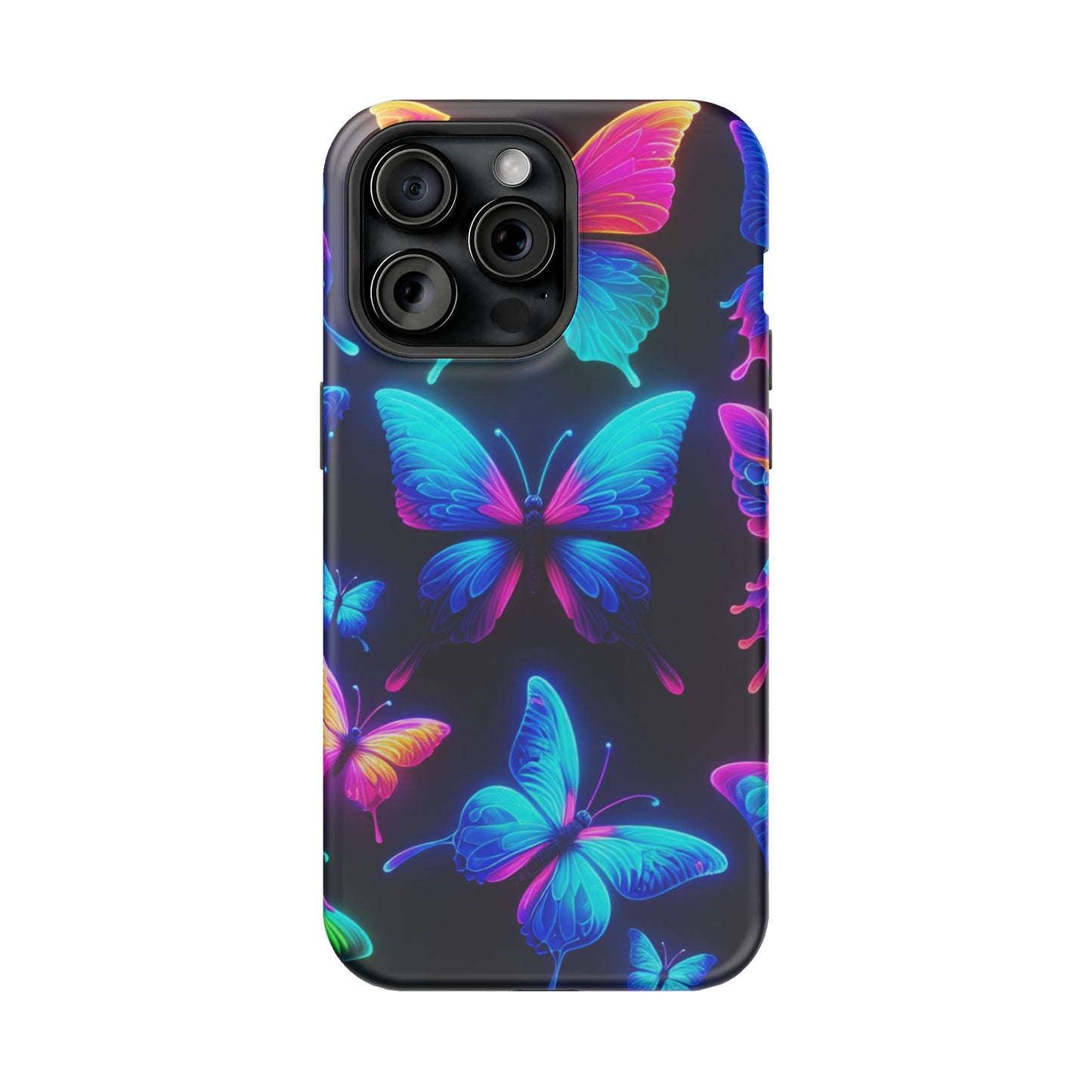 "Neon Flight Frenzy" Neon Butterflies Premium Art Magsafe Magnet Tough IPhone 13 14 15 Pro Plus Max and Mini in Matte and Glossy Phone cases
