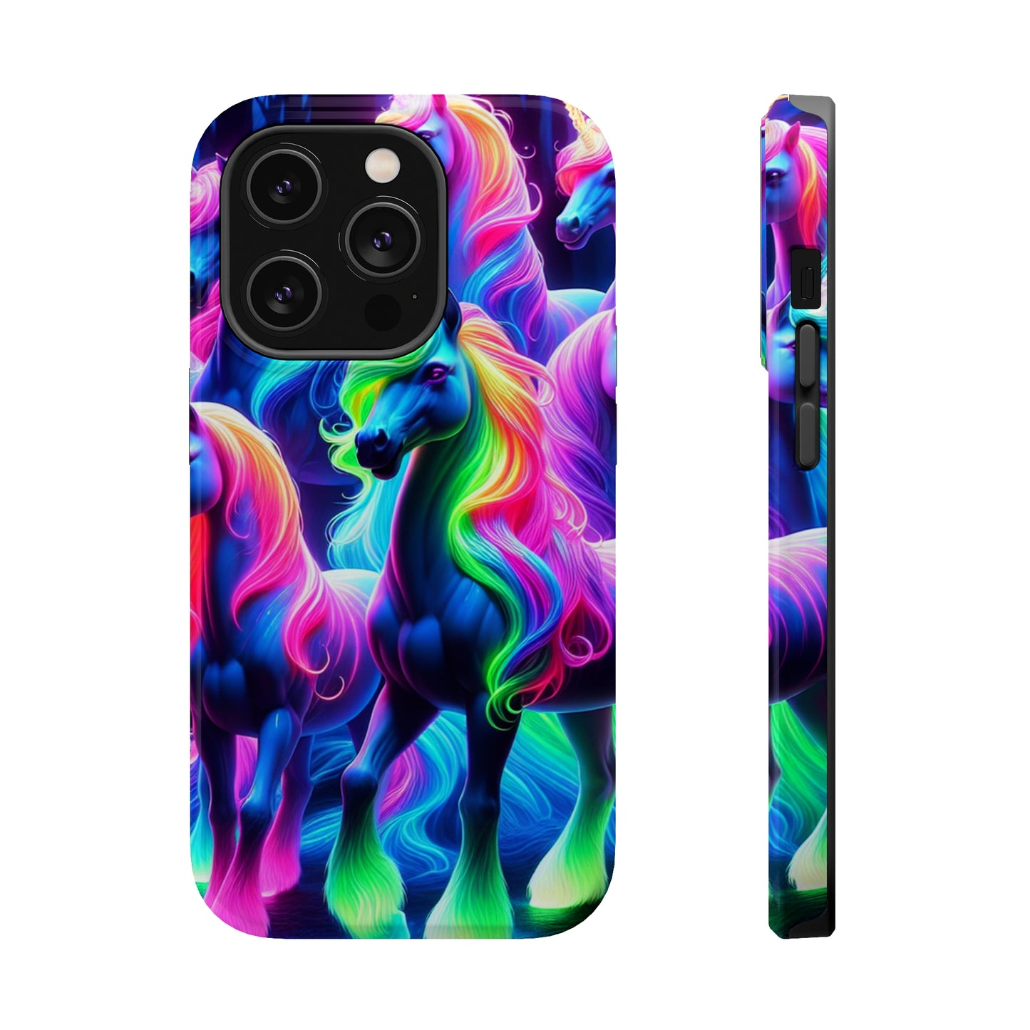 Neon Magic Skies - Unicorn Gang. Neon Unicorns Premium Art Magsafe Magnet Tough IPhone 13 14 15 Pro Plus Max and Mini in Matte and Glossy Phone cases